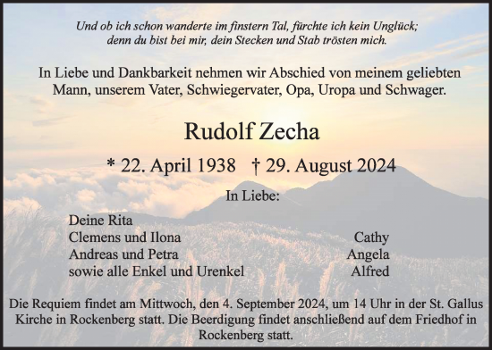 Traueranzeige von Rudolf Zecha von Wetterauer Zeitung, Butzbacher Zeitung