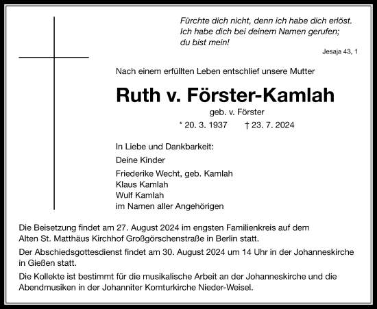 Traueranzeige von Ruth Förster-Kamlah von Giessener Anzeiger, Giessener Allgemeine, Alsfelder Allgemeine