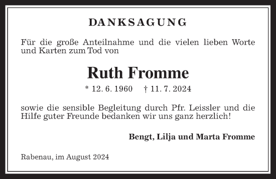 Traueranzeige von Ruth Fromme von Rabenauer Zeitung, Giessener Allgemeine, Alsfelder Allgemeine