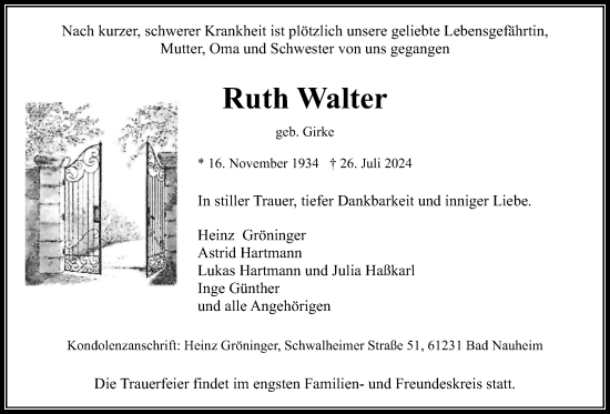 Traueranzeige von Ruth Walter von Wetterauer Zeitung