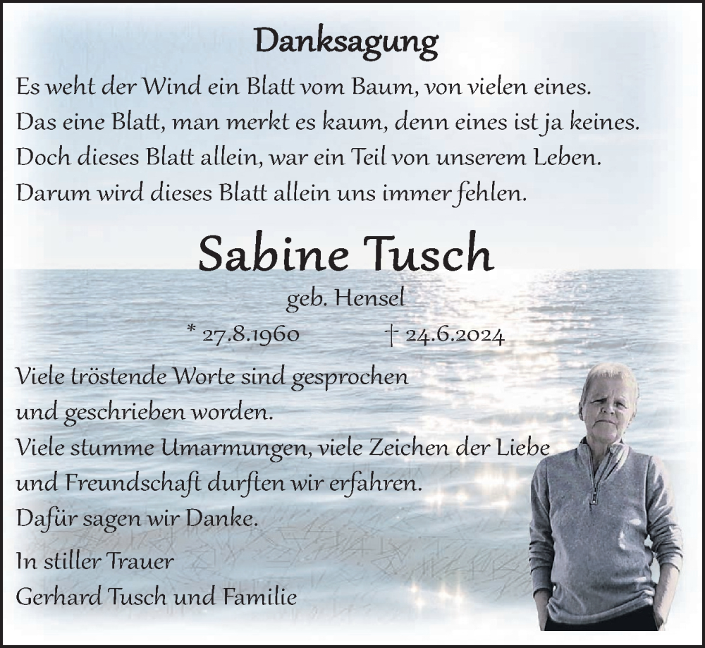  Traueranzeige für Sabine Tusch vom 08.08.2024 aus Licher Wochenblatt