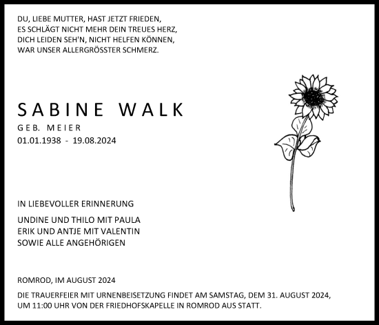 Traueranzeige von Sabine Walk von Oberhessische Zeitung