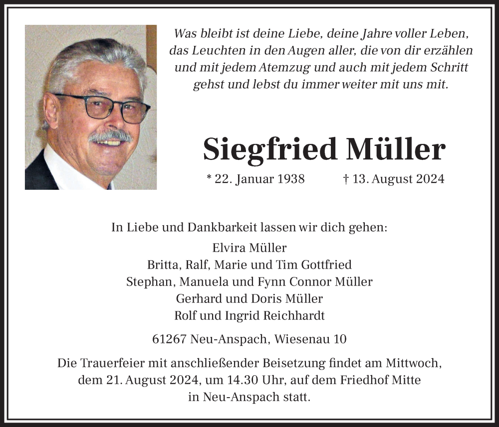  Traueranzeige für Siegfried Müller vom 17.08.2024 aus Usinger Anzeiger