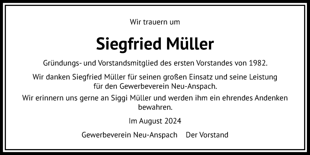  Traueranzeige für Siegfried Müller vom 17.08.2024 aus Usinger Anzeiger