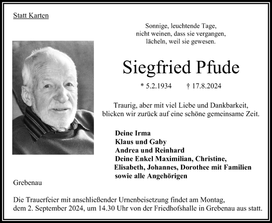 Traueranzeige von Siegfried Pfude von Oberhessische Zeitung, 