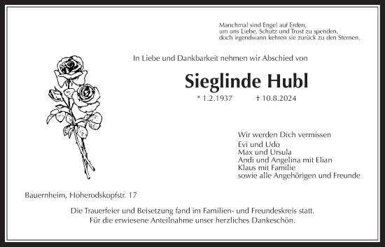 Traueranzeige von Sieglinde Hubl von Wetterauer Zeitung