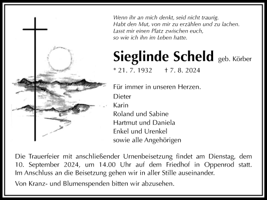Traueranzeige von Sieglinde Scheld von Giessener Allgemeine, Alsfelder Allgemeine, Giessener Anzeiger