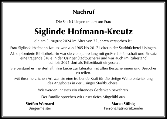 Traueranzeige von Siglinde Hofmann-Kreutz von Usinger Anzeigenblatt
