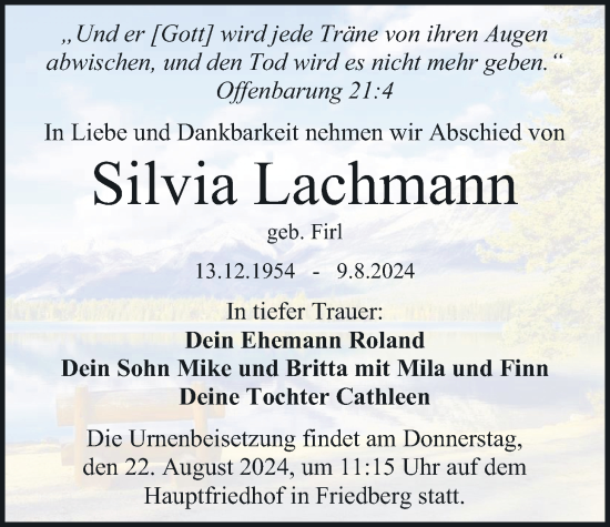 Traueranzeige von Silvia Lachmann von Wetterauer Zeitung