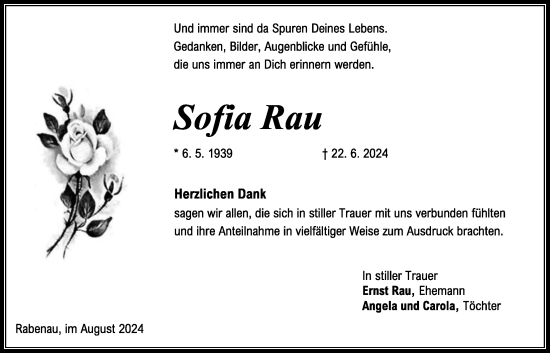 Traueranzeige von Sofia Rau von Rabenauer Zeitung