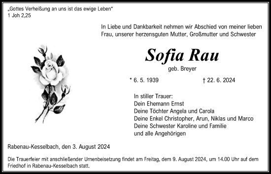 Traueranzeige von Sofia Rau von Giessener Allgemeine, Alsfelder Allgemeine