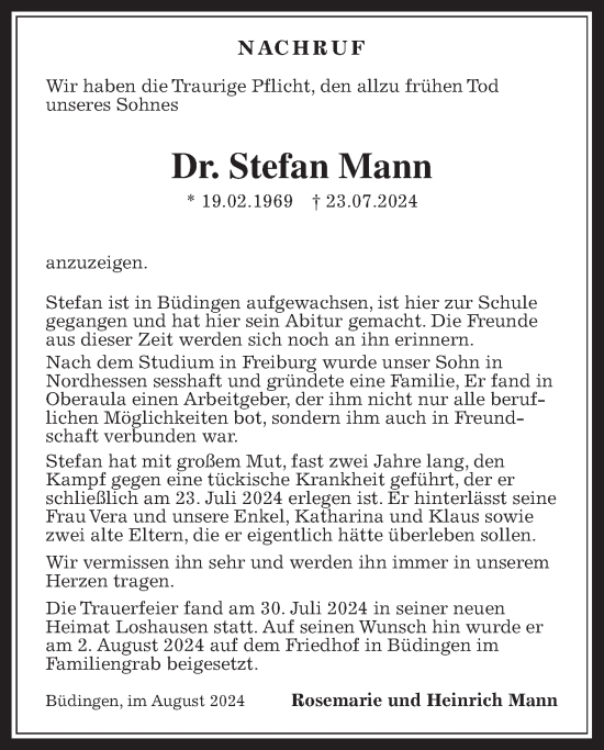 Traueranzeige von Stefan Mann von Kreis-Anzeiger