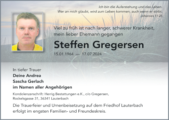 Traueranzeige von Steffen Gregersen von Lauterbacher Anzeiger