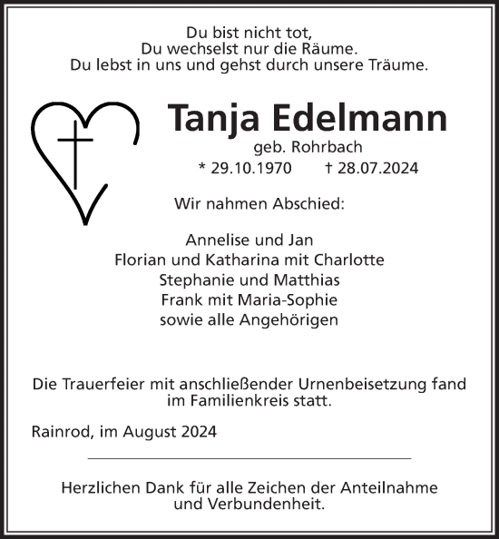 Traueranzeige von Tanja Edelmann von Kreis-Anzeiger