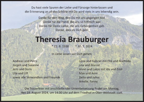 Traueranzeige von Theresia Brauburger von Wetterauer Zeitung