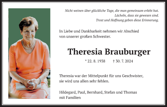 Traueranzeige von Theresia Brauburger von Wetterauer Zeitung