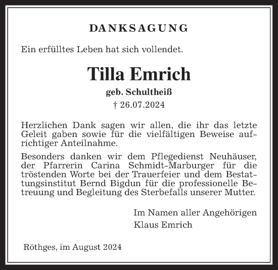 Traueranzeige von Tilla Emrich von Laubacher Anzeiger, Giessener Allgemeine, Alsfelder Allgemeine