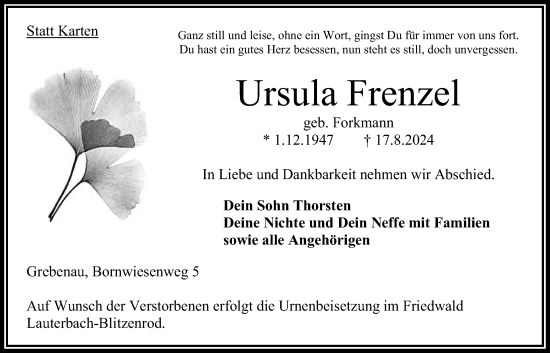 Traueranzeige von Ursula Frenzel 