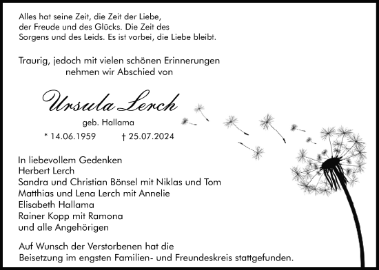 Traueranzeige von Ursula Lerch von Lauterbacher Anzeiger