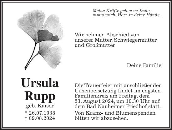 Traueranzeige von Ursula Rupp von Wetterauer Zeitung