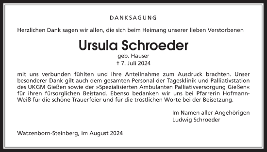 Traueranzeige von Ursula Schroeder von Pohlheimer Nachrichten