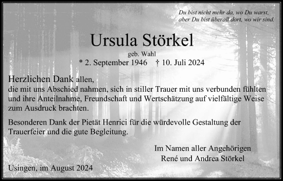 Traueranzeige von Ursula Störkel von Usinger Anzeigenblatt