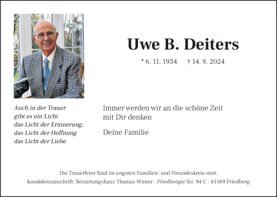 Traueranzeige von Uwe Deiters von Wetterauer Zeitung
