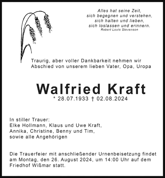 Traueranzeige von Walfried Kraft von Giessener Allgemeine, Alsfelder Allgemeine