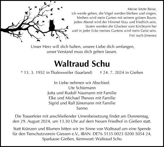 Traueranzeige von Waltraud Schu von Giessener Anzeiger, Giessener Allgemeine, Alsfelder Allgemeine