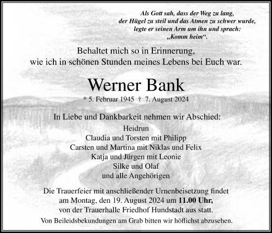 Traueranzeige von Werner Bank von Usinger Anzeiger, Usinger Anzeigenblatt