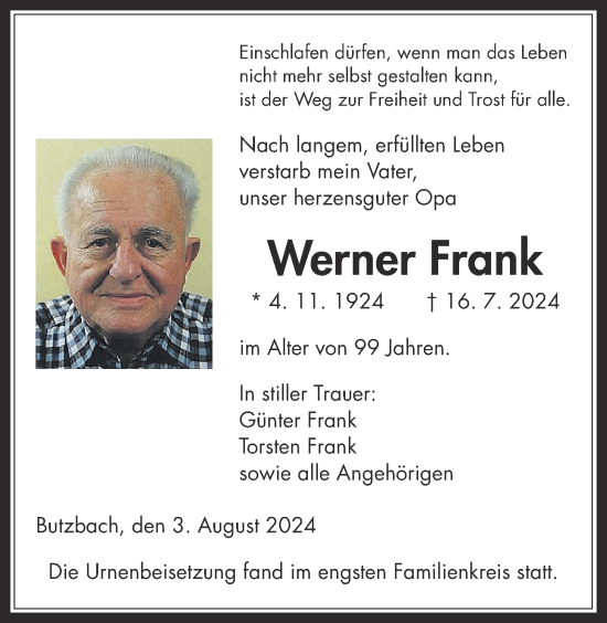 Traueranzeige von Werner Frank von Butzbacher Zeitung