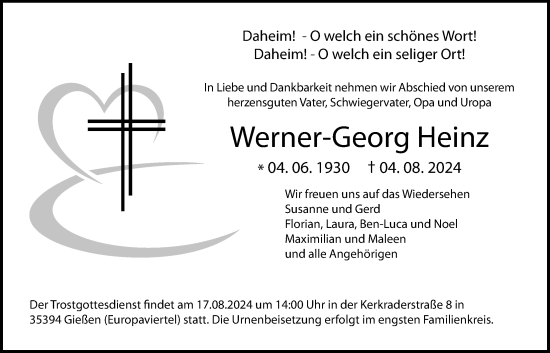 Traueranzeige von Werner-Georg Heinz von Giessener Allgemeine, Alsfelder Allgemeine