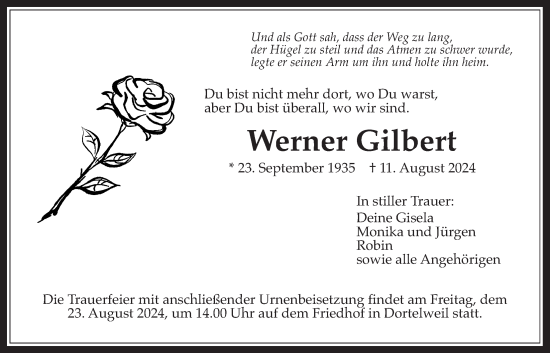 Traueranzeige von Werner Gilbert von Bad Vilbel/Karben