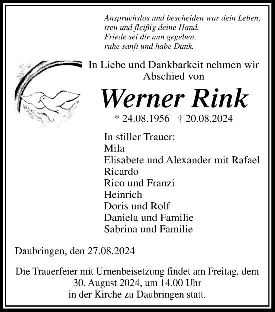 Traueranzeige von Werner Rink von Giessener Allgemeine, Alsfelder Allgemeine, Giessener Anzeiger