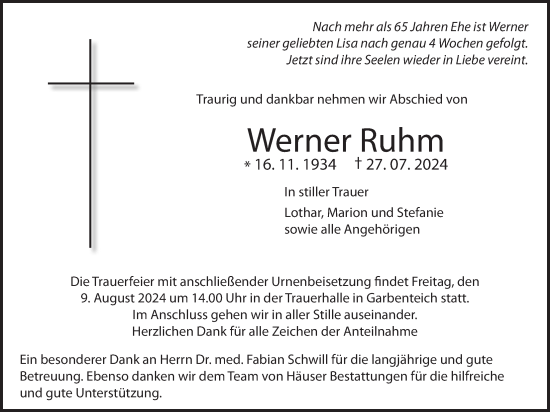 Traueranzeige von Werner Ruhm von Giessener Allgemeine, Alsfelder Allgemeine