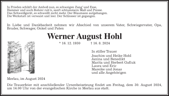 Traueranzeige von Werner August Hohl von Giessener Allgemeine, Alsfelder Allgemeine, Mücker Stimme