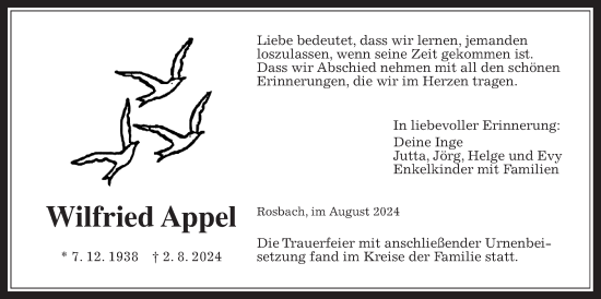 Traueranzeige von Wilfried Appel von Wetterauer Zeitung