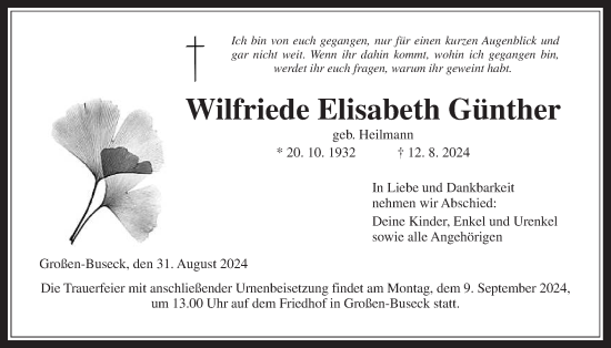 Traueranzeige von Wilfriede Elisabeth Günther von Giessener Allgemeine, Alsfelder Allgemeine