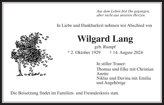 Traueranzeige von Wilgard Lang von Bad Vilbel/Karben