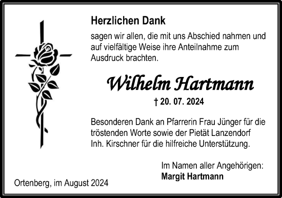 Traueranzeige von Wilhelm Hartmann von Kreis-Anzeiger
