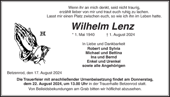 Traueranzeige von Wilhelm Lenz von Kreis-Anzeiger