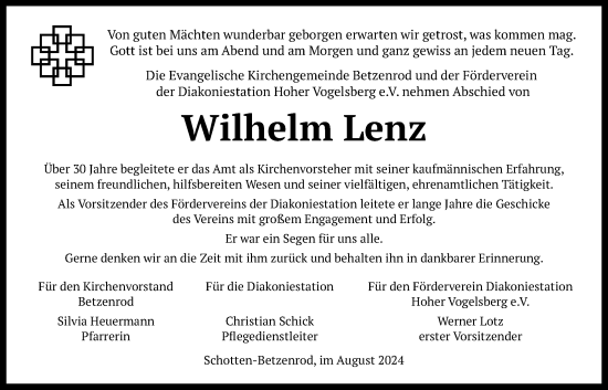 Traueranzeige von Wilhelm Lenz von Kreis-Anzeiger