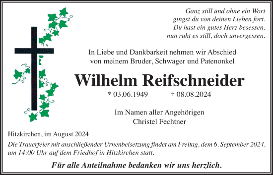 Traueranzeige von Wilhelm Reifschneider von Kreis-Anzeiger