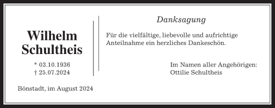 Traueranzeige von Wilhelm Schultheis von Wetterauer Zeitung