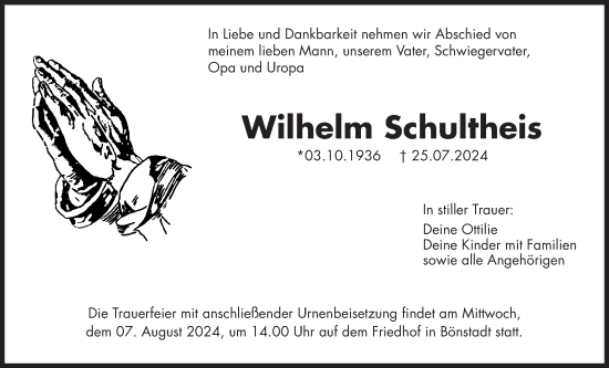 Traueranzeige von Wilhelm Schultheis von Wetterauer Zeitung