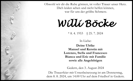 Traueranzeige von Willi Böcke von Kreis-Anzeiger