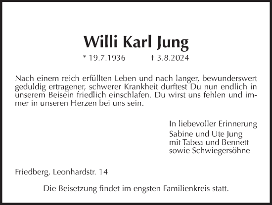 Traueranzeige von Willi Karl Jung von Wetterauer Zeitung