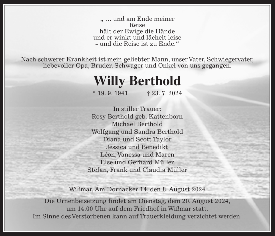 Traueranzeige von Willy Berthold von Giessener Anzeiger