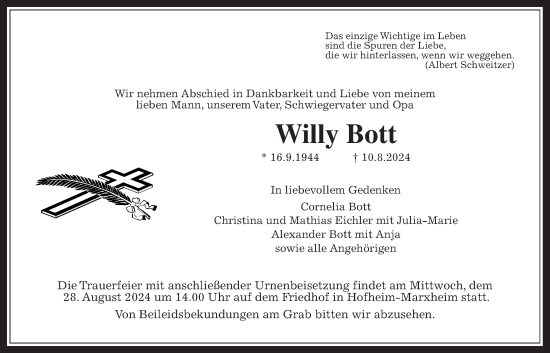 Traueranzeige von Willy Bott 