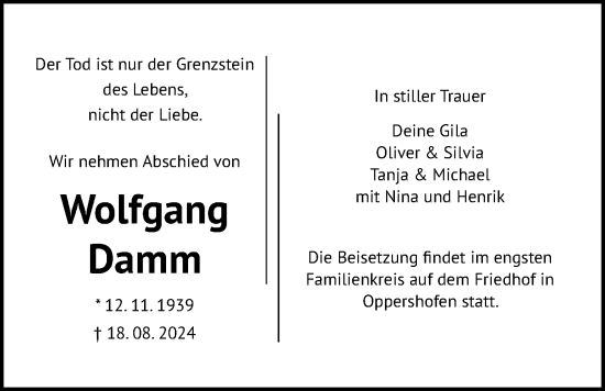 Traueranzeige von Wolfgang Damm von Wetterauer Zeitung, Butzbacher Zeitung